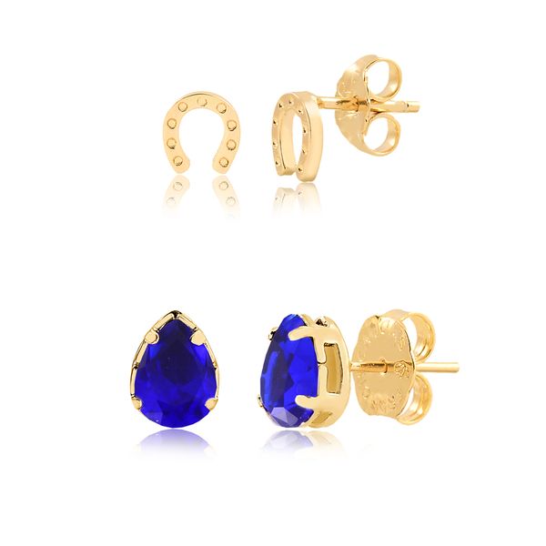 

Kit de brincos com ferradura e gota azul folheado em ouro 18k