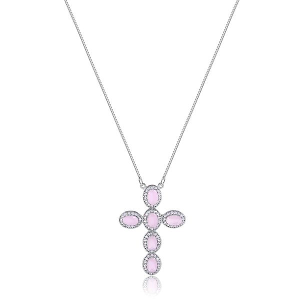 

Colar com cruz em pedras rosa cravejadas de zircônia folheado em ródio branco