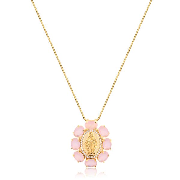

Colar com pingente de Nossa Senhora e pedras calcedônia rosa folheado em ouro 18k