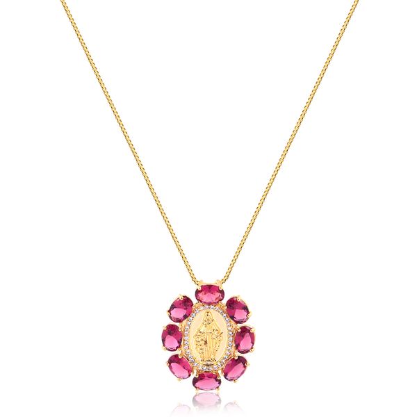 

Colar com pingente de Nossa Senhora e pedras rosa folheado em ouro 18k