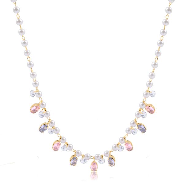 

Coleira choker com pérolas, zircônias e cristais folheado em ouro 18k