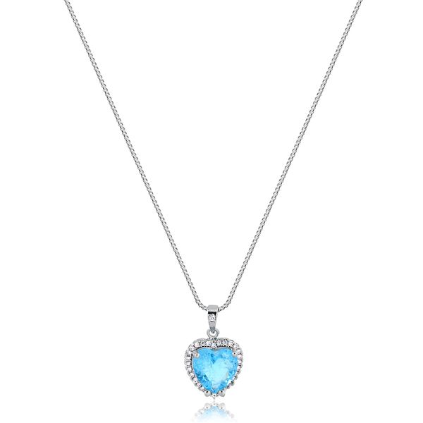

Colar com coração em pedra fusion azul rodeado de zircônias folheado em ródio branco