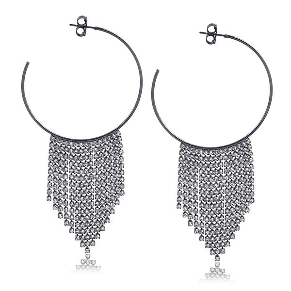 

Brinco de argola com franjas em strass folheado em ródio negro