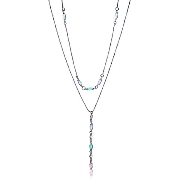 

Colar duplo com choker, gravatinha e cristais coloridos folheado em ródio negro