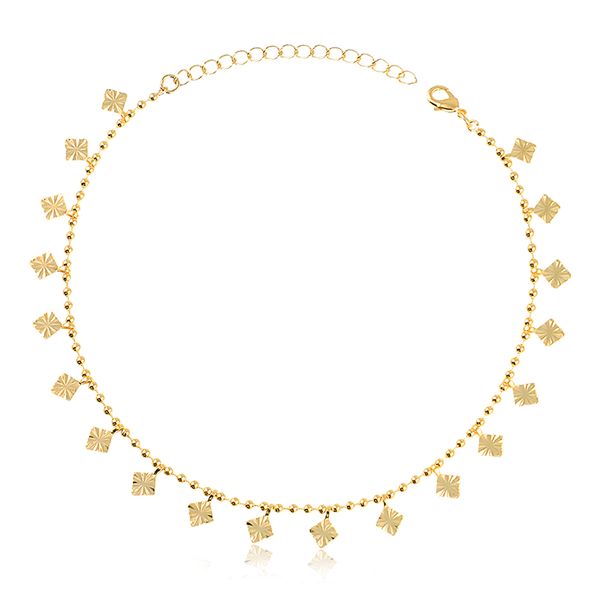 

Tornozeleira com bolinhas e pingentes quadrados irregulares folheada em ouro 18k