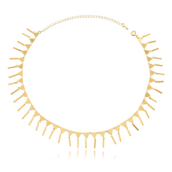 

Coleira choker com triângulos e barrinhas lisas folheada em ouro 18k