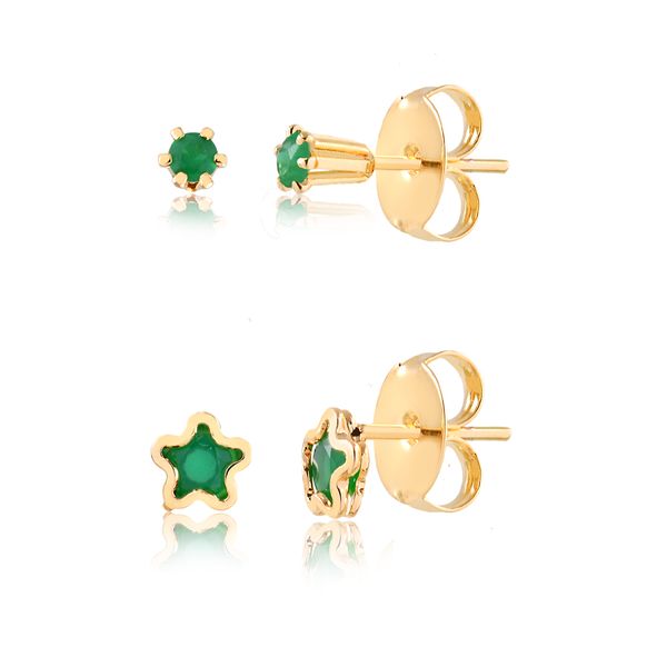 

Kit de brincos com estrela e ponto de zircônia verde folheados em ouro 18k