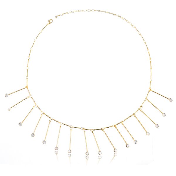 

Coleira choker com barrinhas e pêndulos de zircônia folheada em ouro 18k