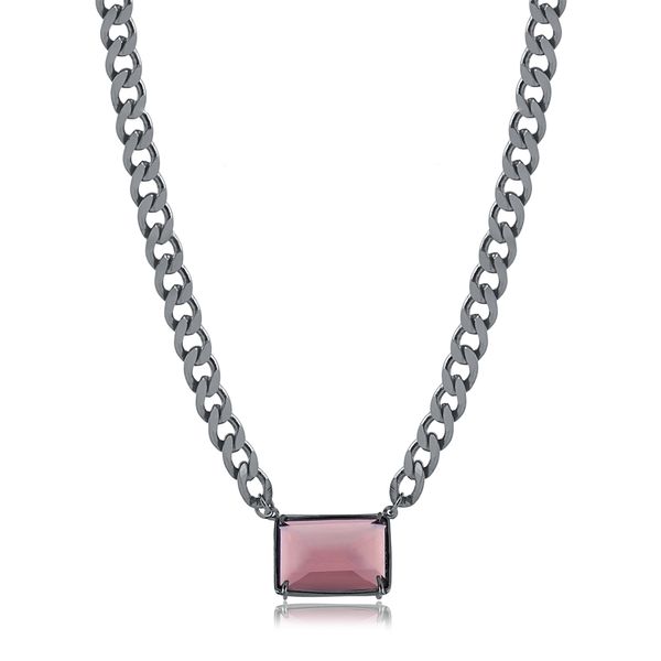 

Colar com pedra natural rosa terroso quadrada e elos groumet folheado em ródio negro