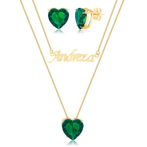 

Conjunto de colar duplo e brinco com coração verde folheado (escolha o banho)