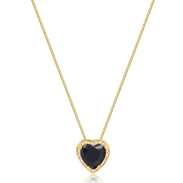 Colar pequeno com pedra natural preta em formato de coração rodeado de zircônias folheado em ouro 18k